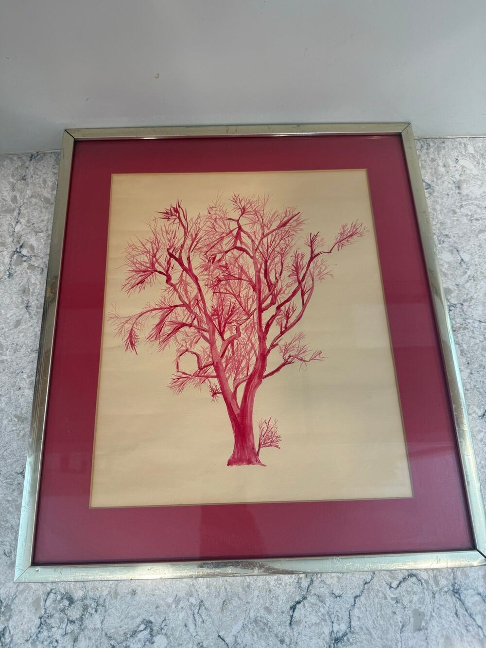 Original Watercolor Painting Deep Red Tree 19X16"